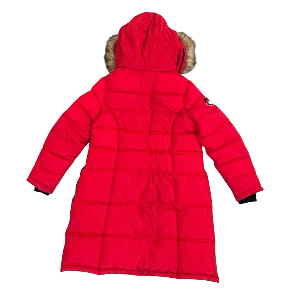 Canada Weather Gear Coat Womens L Red Puffer Parka Hooded Faux Fur Long EUC - Picture 7 of 12